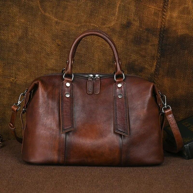 Johnature Vintage-Handtasche aus echtem Leder, große Kapazität, lässige Tragetasche, einfarbig, vielseitige Umhängetasche für Damen