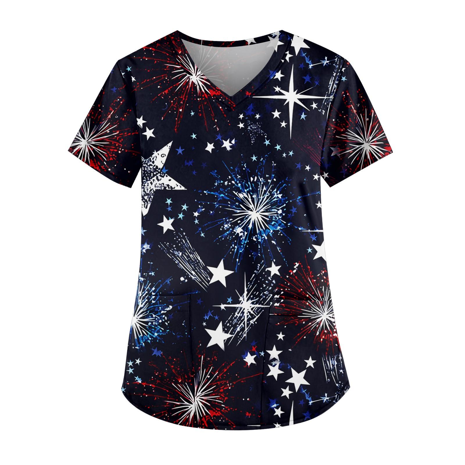 

Женская одежда для работы с принтом ко Дню Независимости, V-образный вырез, двойной слой, карманы, базовая футболка с коротким рукавом, пуловер S тёмно-синий