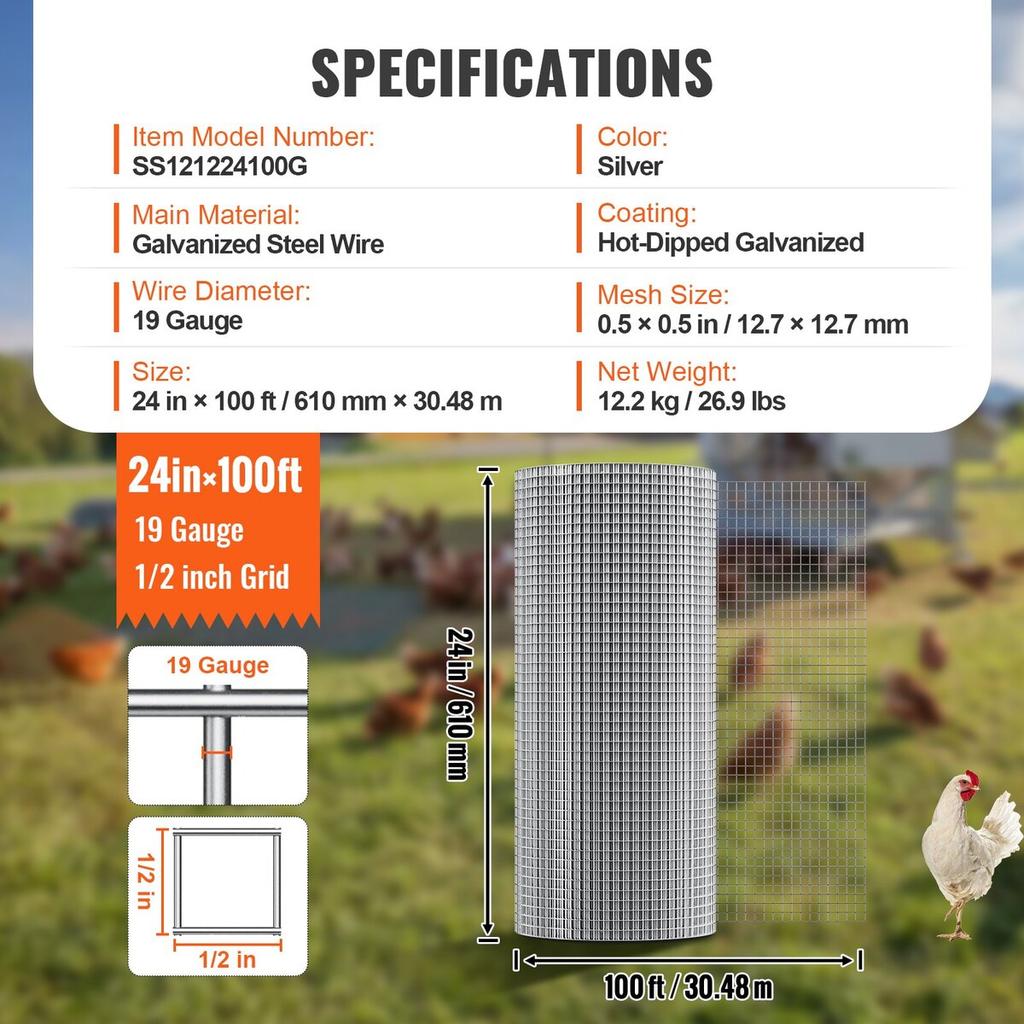 Hardware Cloth, 1/2 Inch 24in X 100 Ft 19 Gauge, Hot Dipped Galvanized Wire Mesh Roll, Chicken Wire Fencing, Wire Mesh for Rabbit Cages, Garden, Small