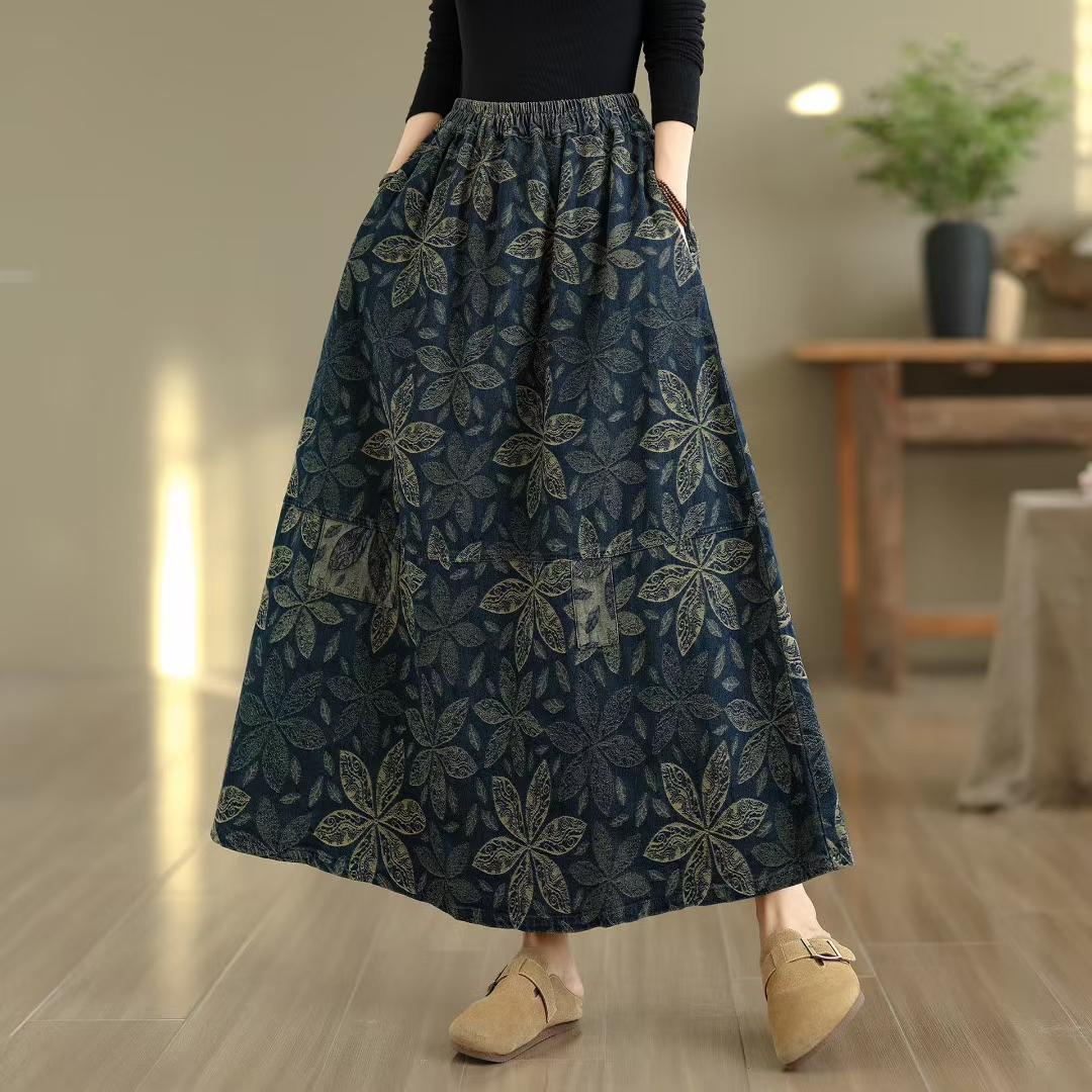 

DIMANAF 2025 Summer Spliced Denim skirt Women New Skirts Elastic Elegant Flower Pleated Skirts High Waist one size