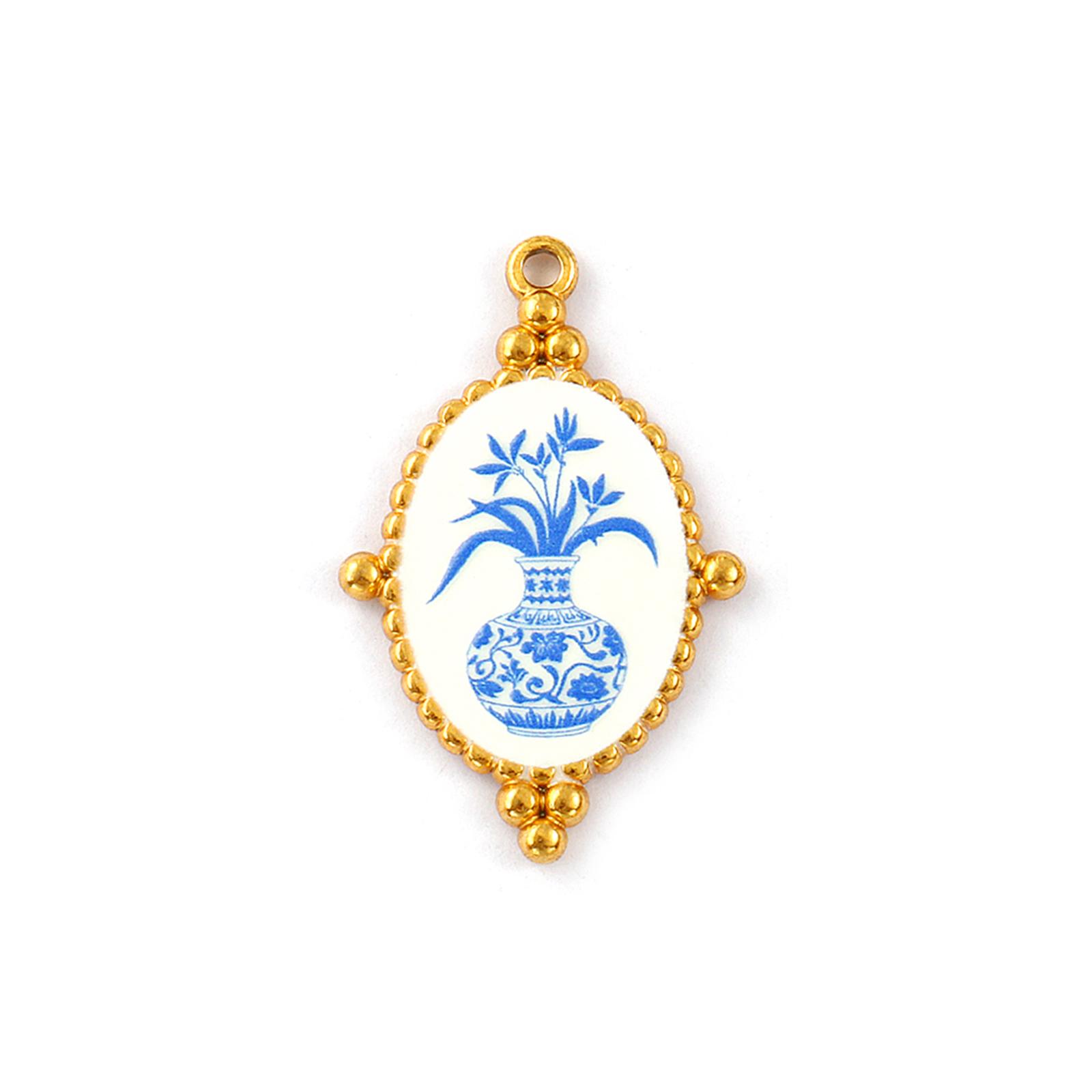 

2 шт. Подвески из нержавеющей стали 304 с покрытием 18 карат золотом, синие овальные, с принтом цветка, для изготовления ожерелий, брелоков своими руками, 3,2 см x 2,1 см