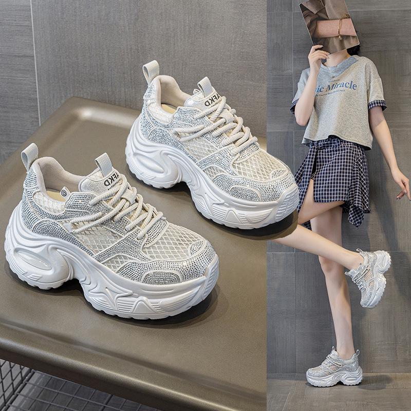 Women's Summer Rhinestone Mesh Dad Shoes - Thick-Soled, Breathable, Casual Sports, Size 34 Platform