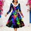 Women Plus Size V Neck Furry Trim Long Sleeve Rainbow Tie Dye A Line Dress