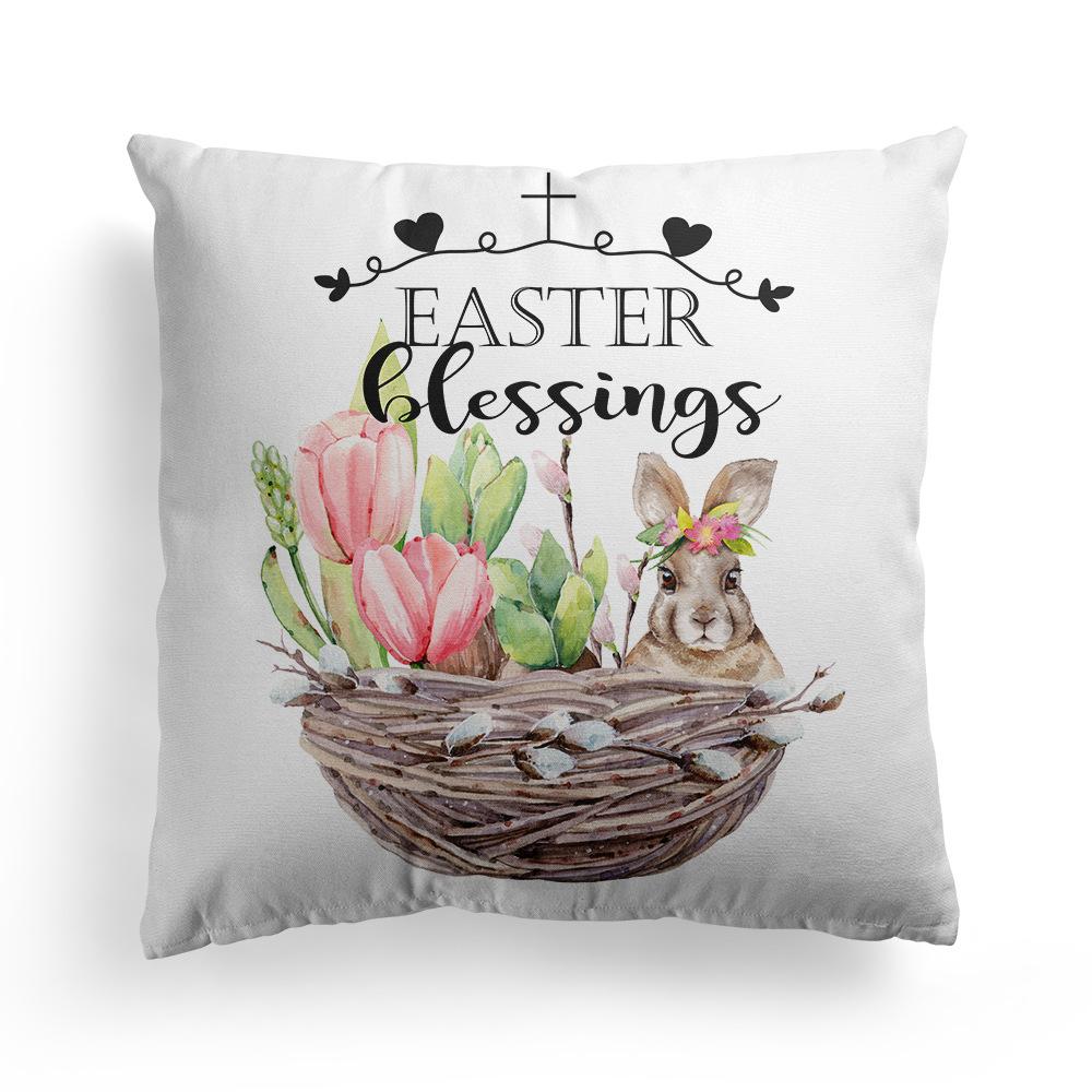 New Spring Easter Pillow Case Bunny Flowers Wreath Peach Skin Fleece Print Pillow Clothes Cover