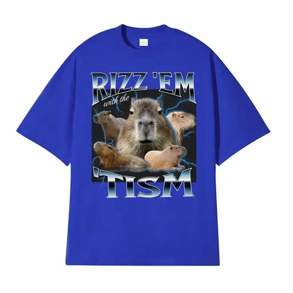 Rizz Em with The Tism Retro T Shirt Funny Cute Kawaii Capybara Meme T-shirt Men's Women Casual Fashion Humor Short Sleeve 82904