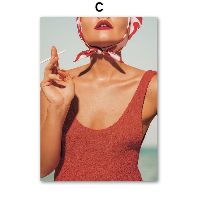 Sea Bathing Beach Girl Fruit Juice Nordic Landscape Posters Wall Art Canvas Painting Hotel Gallery Pictures Of Living Room Decor