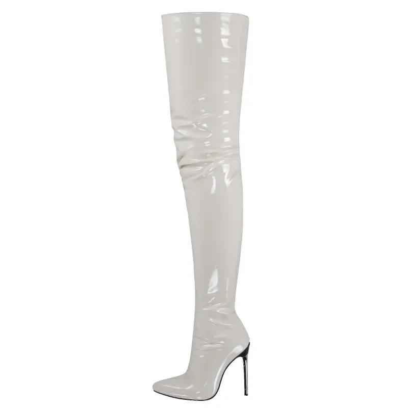 Women Patent Leather Boots Sexy Thigh High Boots Metal Stiletto Heels Fitted Party Boots Knee High Boot Big Size 45 46 47 48