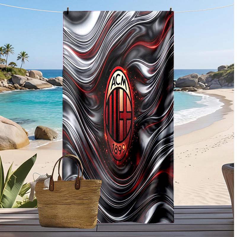 מגבת חוף מודפסת AC Milan, מגבת רכה מתייבשת במהירות, שמיכת חוף מלבנית גדולה ניידת לנסיעות, בריכה