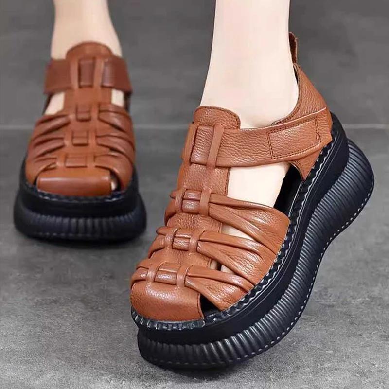 

2024 Новая мода ретро летняя обувь женские босоножки на танкетке ручной работы из натуральной кожи полые повседневные сандалии женские черные 40 коричневый