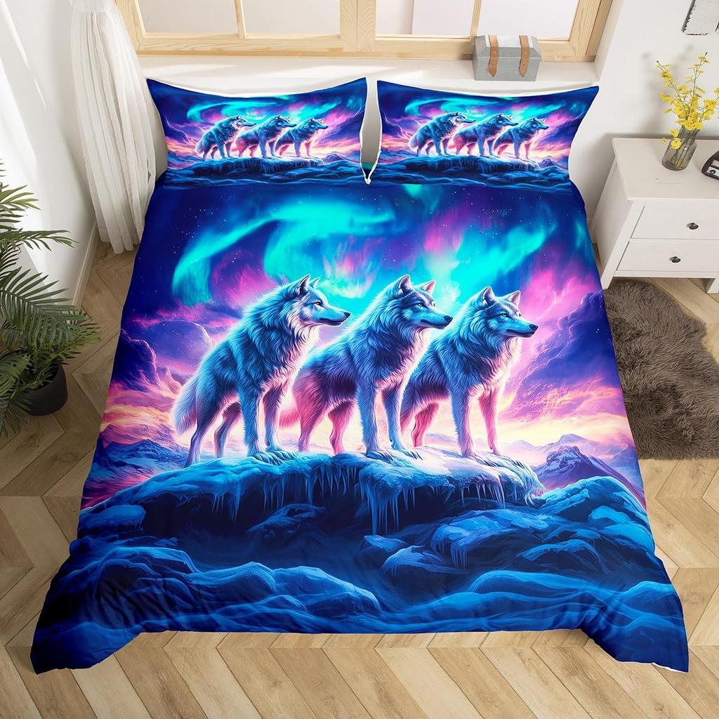 Cute Animal Duvet Cover Set Twin Queen Rabbit Fox Rustic Bedding Set, Starry Sky Galaxy Northern Lights Dreamy Comforter Cover
