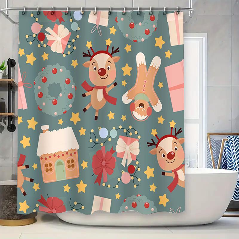 

Christmas-themed shower curtain featuring reindeer, gingerbread men festive ornaments Blue color with red accents (36x72 inches) 90x180cm