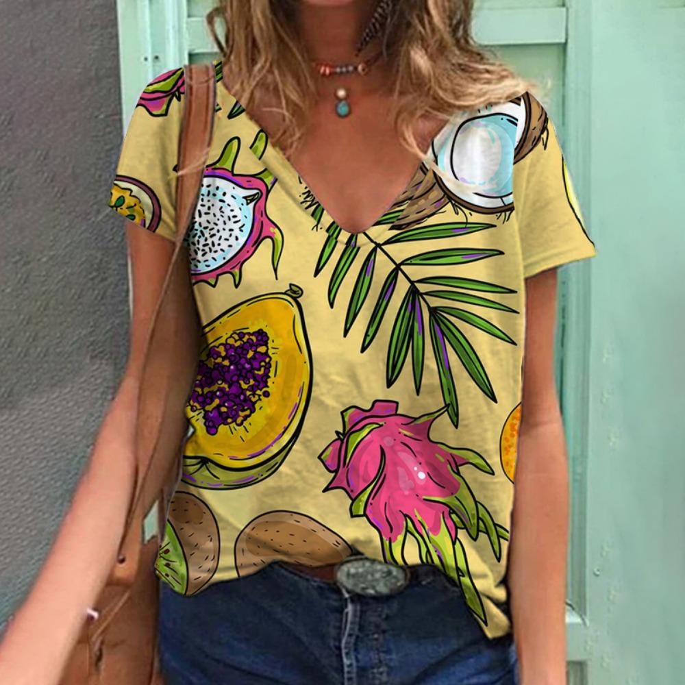 Tropical Plant Fruit 3D Printing T-shirt Summer Women's V-neck T-shirt Street Women's Clothing