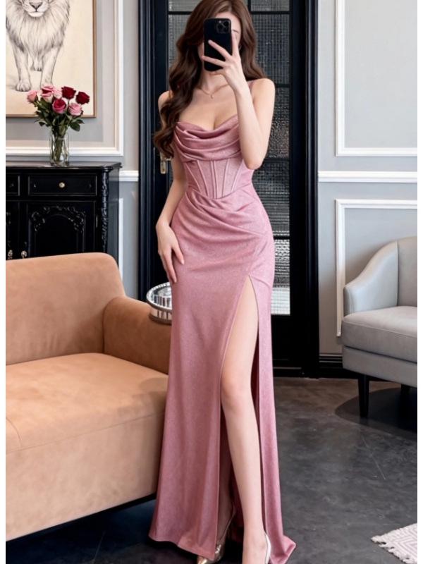 Elegant Sparkling Mermaid Gown with Thin Straps and Pleated Slit