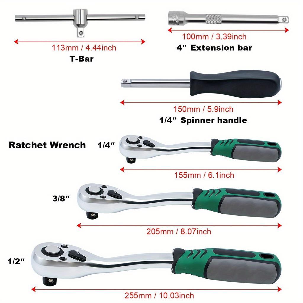 6 ks Sada ráčnových klíčů, 1/4"3/8"1/2" Ráčnový klíč 72 zubů Nástrčný klíč, Rychloupínací ráčnový klíč, Oboustranný, Kovový