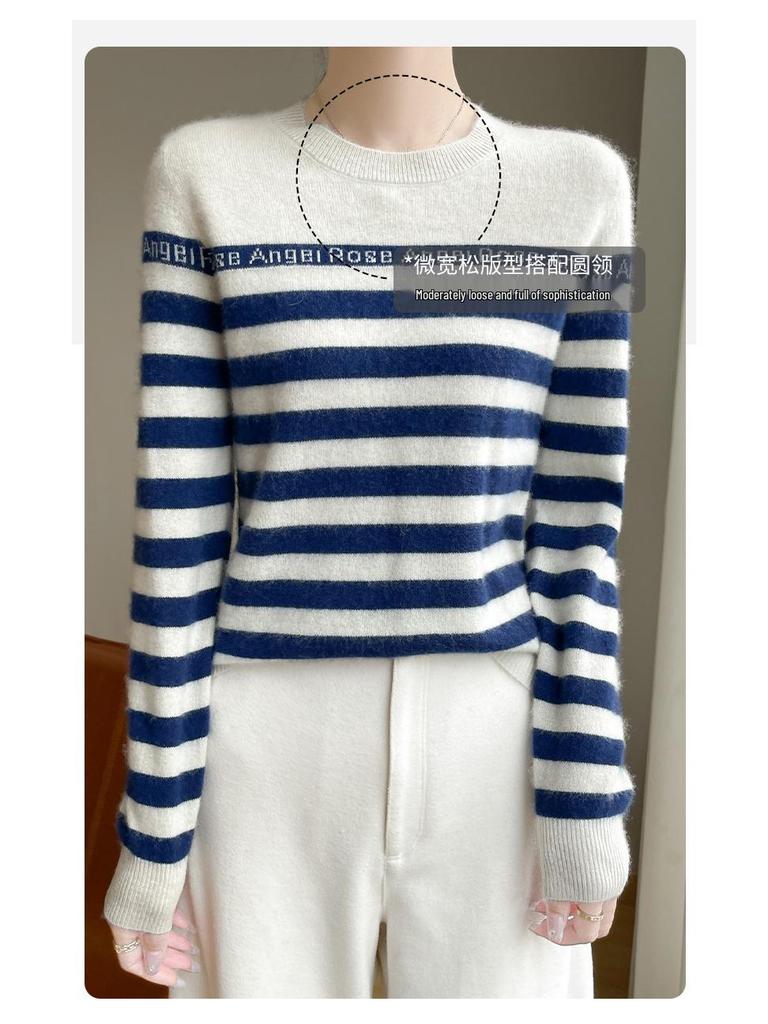 Women's Striped Crew Neck Wool Sweater - Autumn/Winter Loose-Fit Cashmere Knit