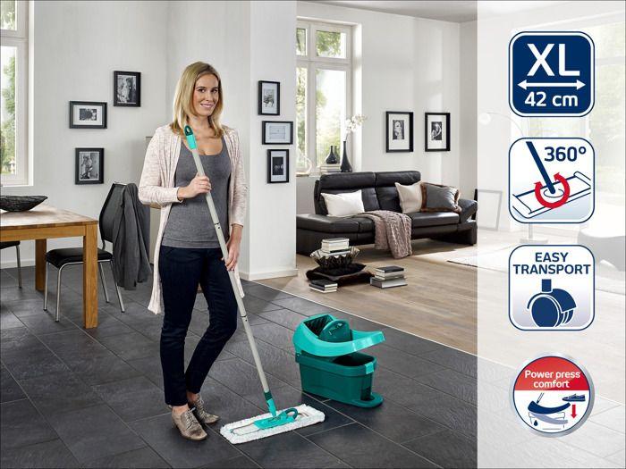 Set lave sol avec seau essoreur à roulettes leifheit profi xl mobile 55099, balais à plat serpillière 360° avec 2x housse micro duo