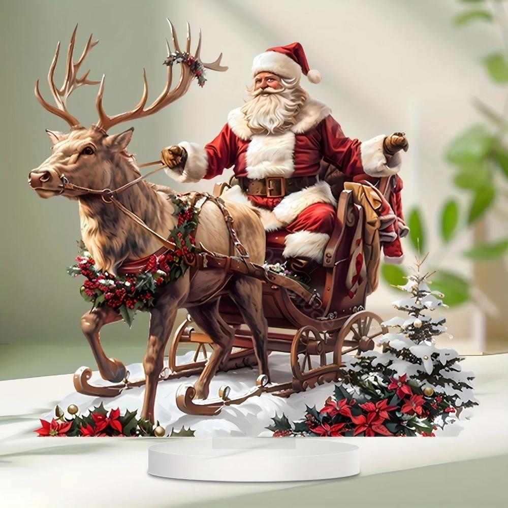 Santa Sleigh with Reindeer Tabletop Christmas Ornament with Base 2D Acrylic  for Xmas Navidad Party Home Decor Supplies
