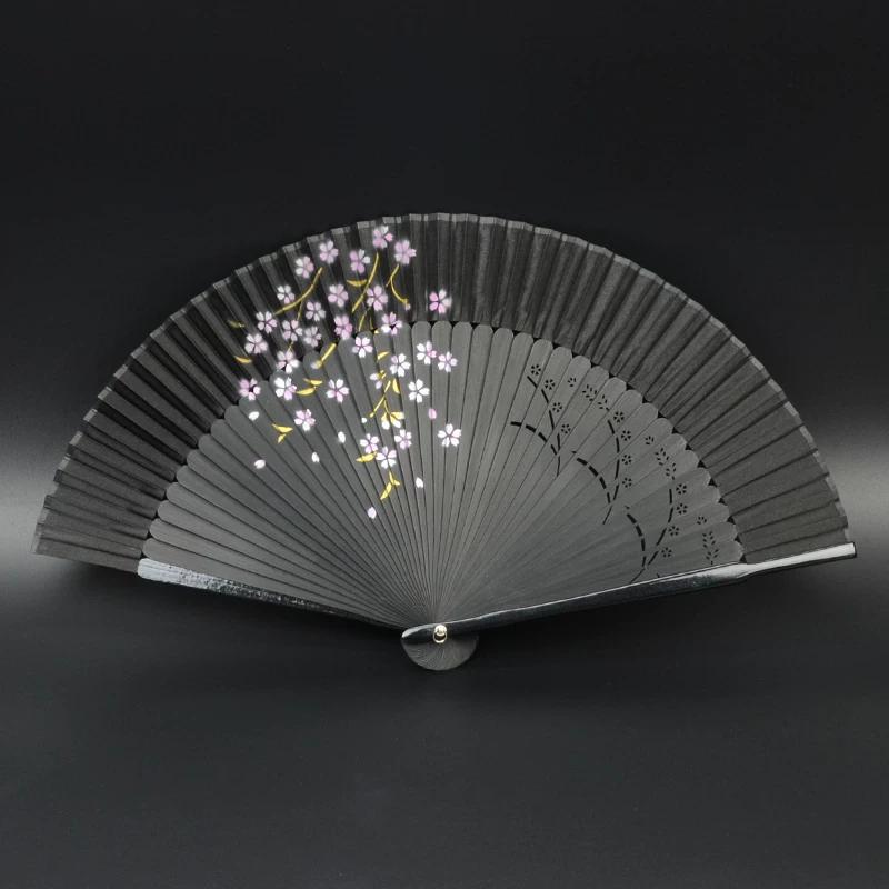 Mengyilian Chinese Style Cherry Blossom Fan Black Cheongsam Han Dynasty Archaic Folding Fan Dance Bamboo Foldable Japanese Style Chinese Folding Fan