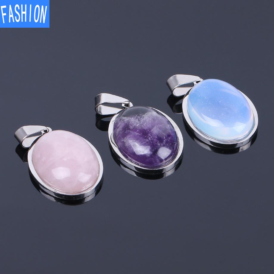 Oval Convex Natural Crystal Simple Pendant Necklace