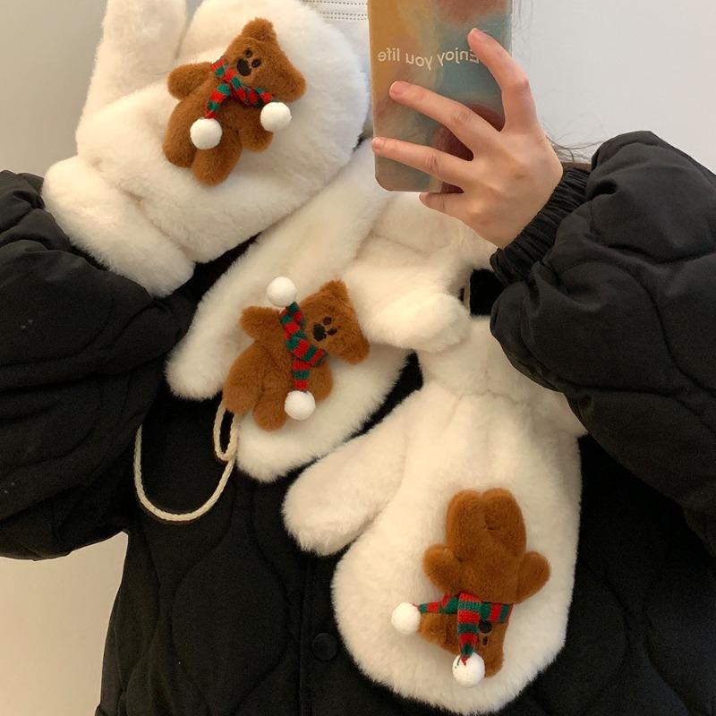 Cute Biscuits, Bears, Plush Gloves, Women's Winter Warmth, Thickened and Plush Fingers Can Be Hung Around the Neck, Student Christmas Gifts
