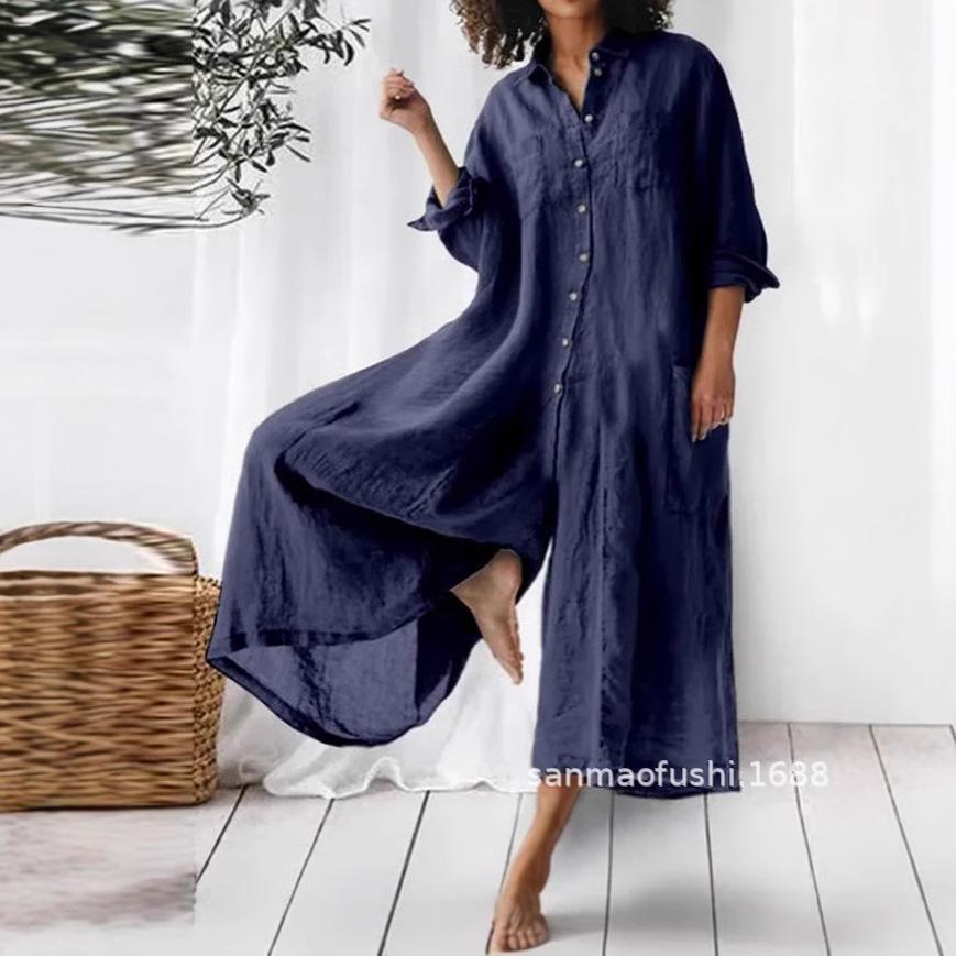 Effen kleur casual lange mouwen middellange en lange katoenen en linnen shirt jumpsuit dames