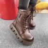 Snow Boots Women Vintage Round Toe Warm Plush Lace Up Platform Shoe Solf Leather Anti Slip Thick Bottom Short Boot