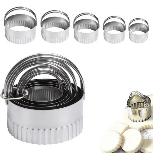 

Set of 5 Stainless Steel Cookie Cutter, Round Cookie Molds, Wave Shape with Handles, for Character Bento, Gyoza Wrapper Molds, Confectionery, Round an