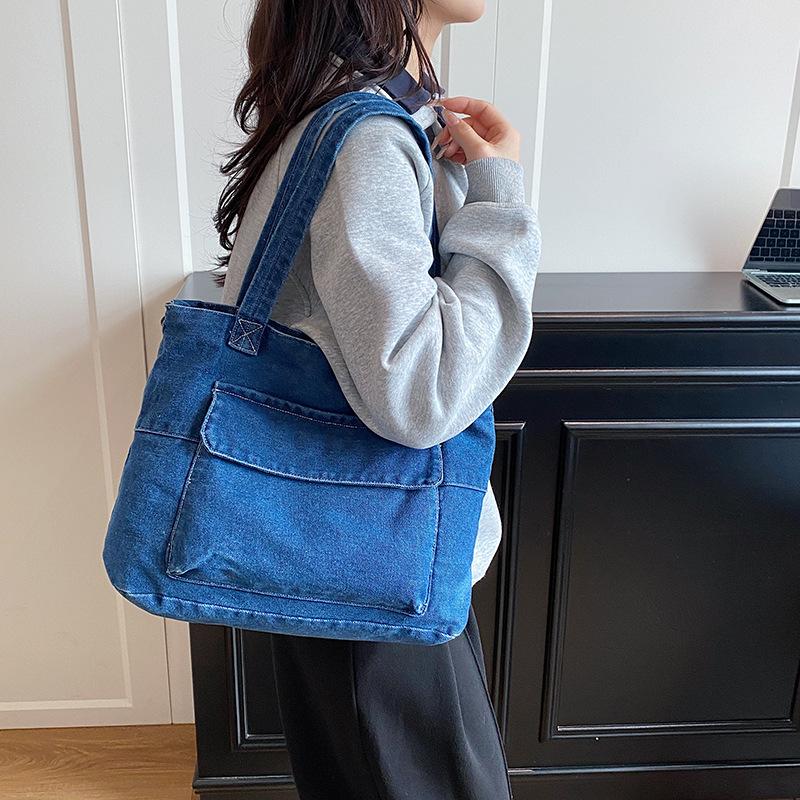 New Spring Women Denim Top Handle Bag Comfortable and Versatile Texture Shoulder Bag Simple Solid Color Washable Storage Bag
