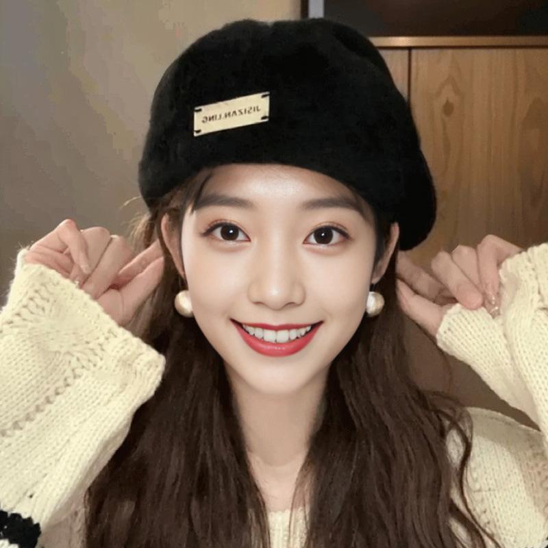 Autumn and Winter Warm Rabbit Wool Hat for Women New Style Back Wearing Beret Retro Versatile Dual Purpose Front Hat Solid Color Painter Hat