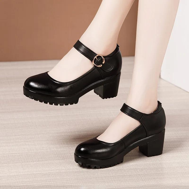 6 8 10cm Small Size 32-43 Shallow Thick Bottom Genuine Leather Shoes Platform Pumps 2025 Block High Heels Shoes Office Model 32 4835₽