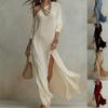 Women's One Shoulder Long Sleeve Knit Maxi Dress Loose Fit High Slit Solid Casual Beach Gown