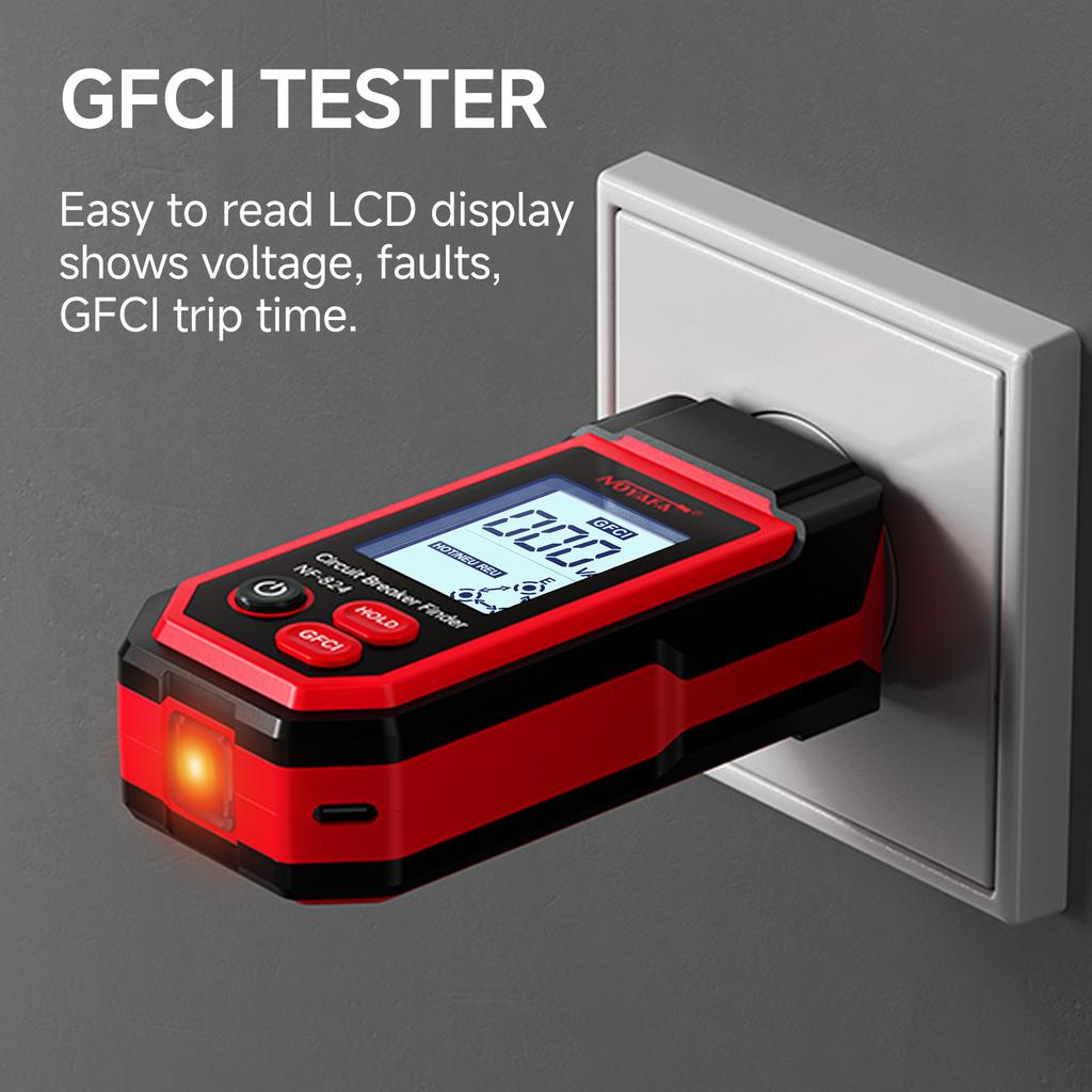 Hot selling NF-824 Circuit Breaker Finder with LCD Display, NCV Tester& Flashlight, Voltage Tester with Integrated GFCI Outlet