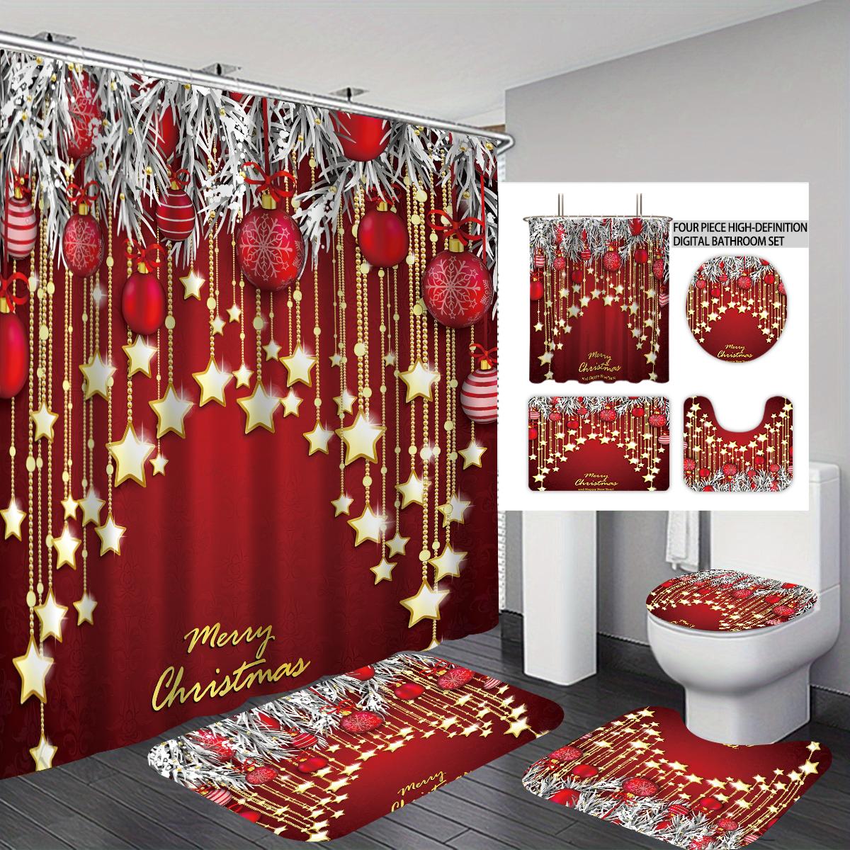 

4 шт. Рождественский шар Красный принт Набор для ванной 180X180 Водонепроницаемая шторка для душа с 12 крючками, Коврик для пола, Коврик для туалета, U-образный коврик 4pcs