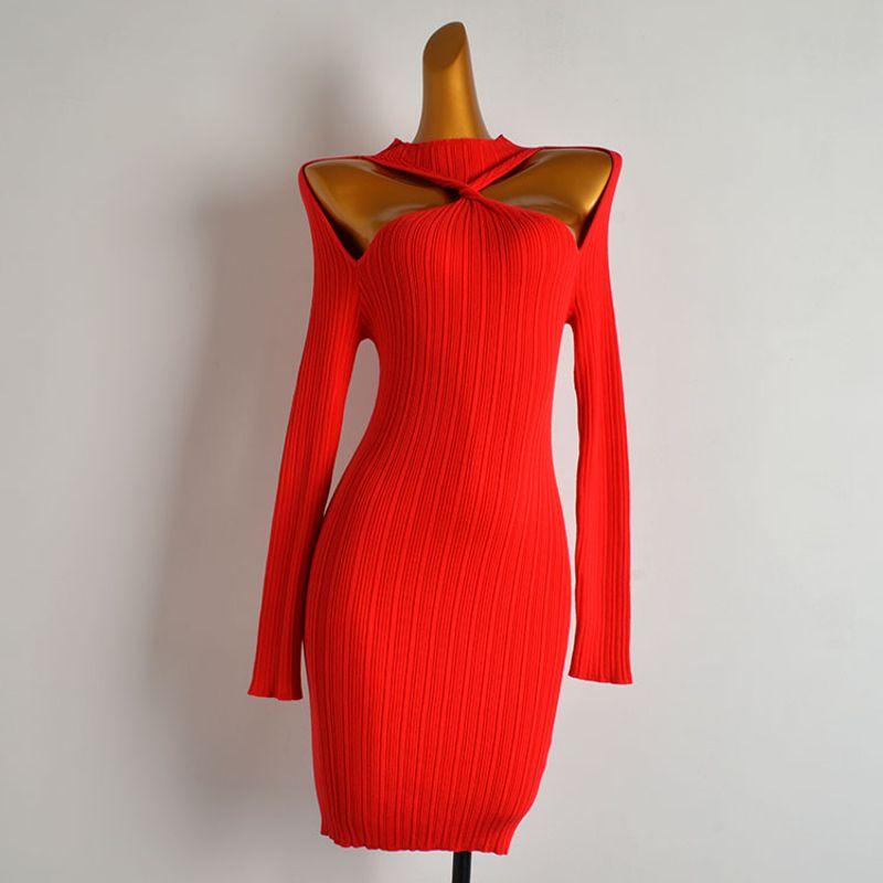 

Модный стиль Однотонное Сексуальное с вырезами С приспущенными плечами Длинные рукава Вязаное платье Женская одежда Прилегающее платье с облегающим силуэтом Red All yards