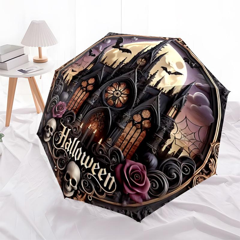 1pc Halloween Castle Moon Automatic Folding Umbrella, Sturdy And Durable Automatic Folding Umbrella with 8 Ribs, Convenient for Outdoor Use142