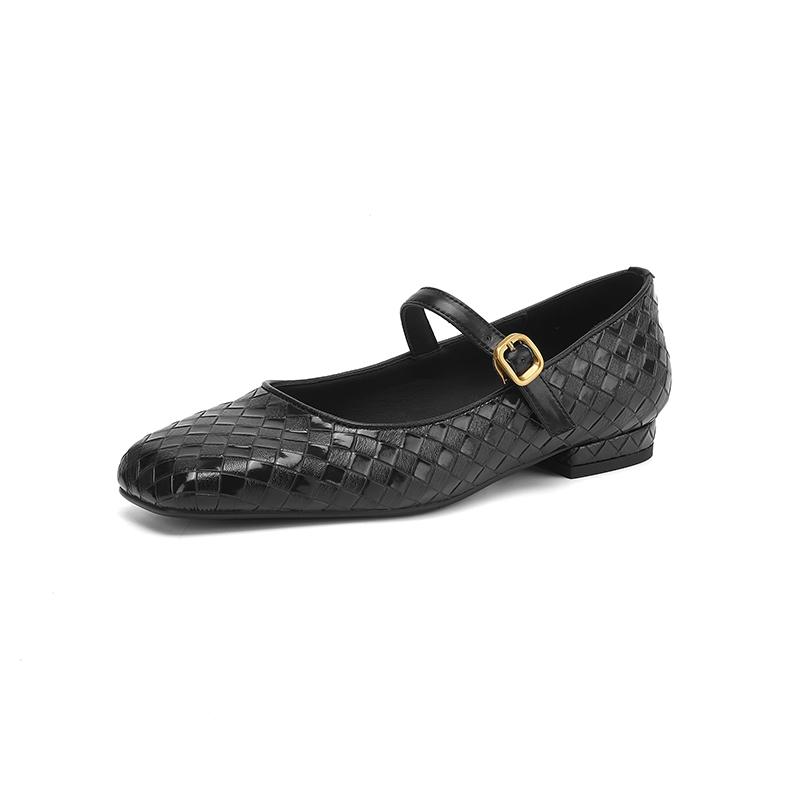 Fashion Women's new genuine leather printed cowhide square head metal elastic belt buckle low heel plus size Mary Jane single shoe