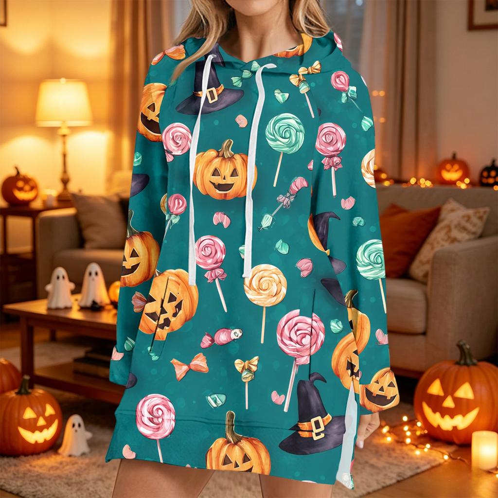 Women's Casual Long Sleeve Halloween Print Hoodie Pullover Top for Fall Festive Wear