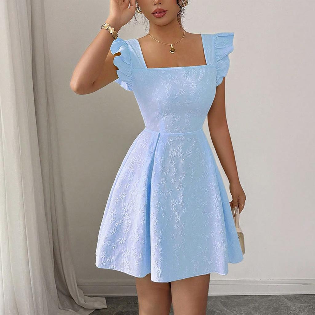 Women's Fashionable Color Square Collar Pullover Fresh Sweet Short Skirt With Waist Cinched A-line Dress
