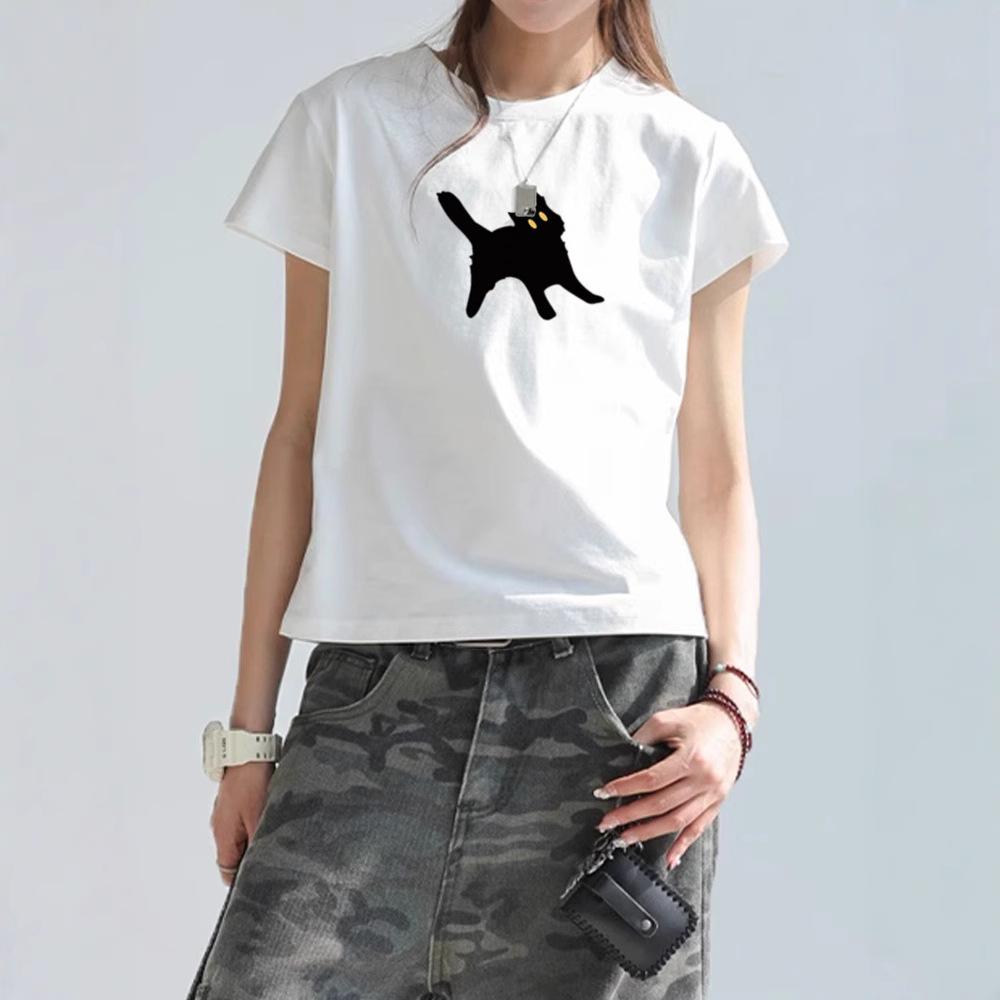 Summer new cartoon cute cat print design sense front shoulder crew neck versatile short-sleeved t-shirt women's