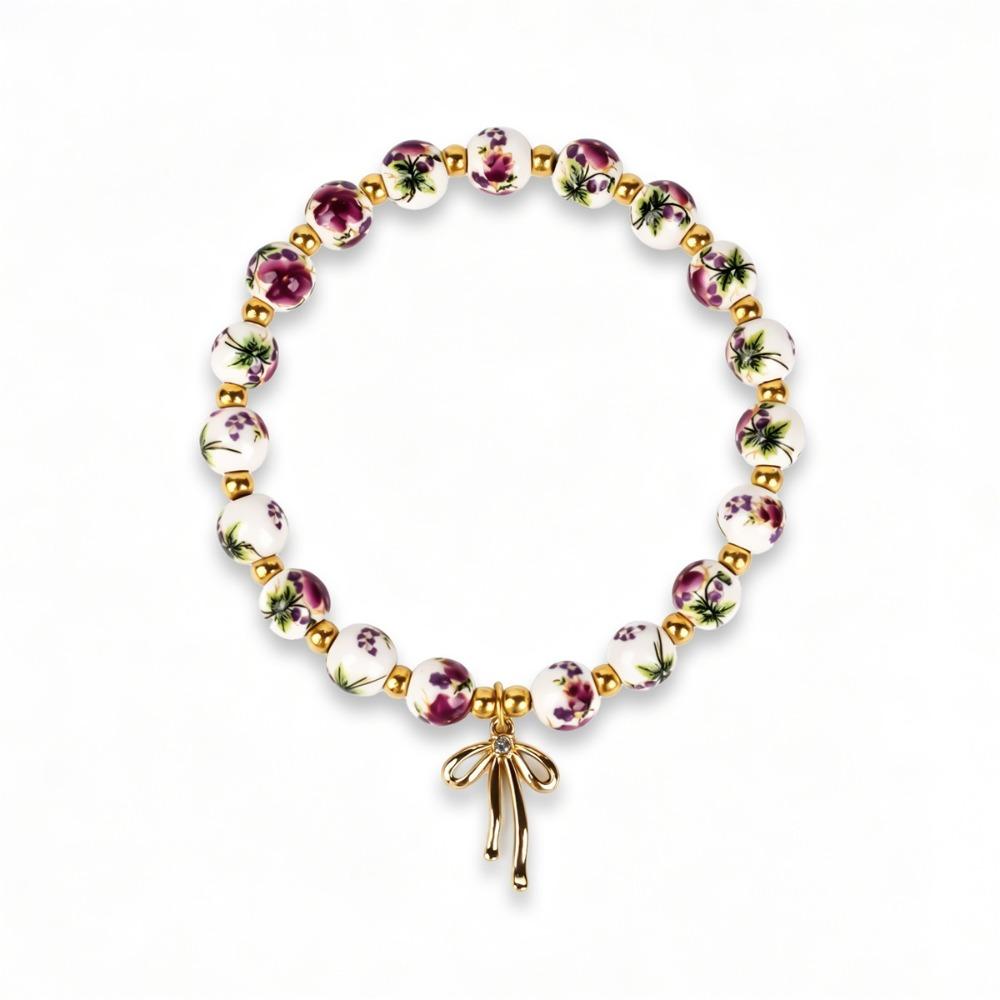 Metal Beaded Elastic Beads Bracelets Bow Ceramics Bracelet Trendy Women Bangle Girls