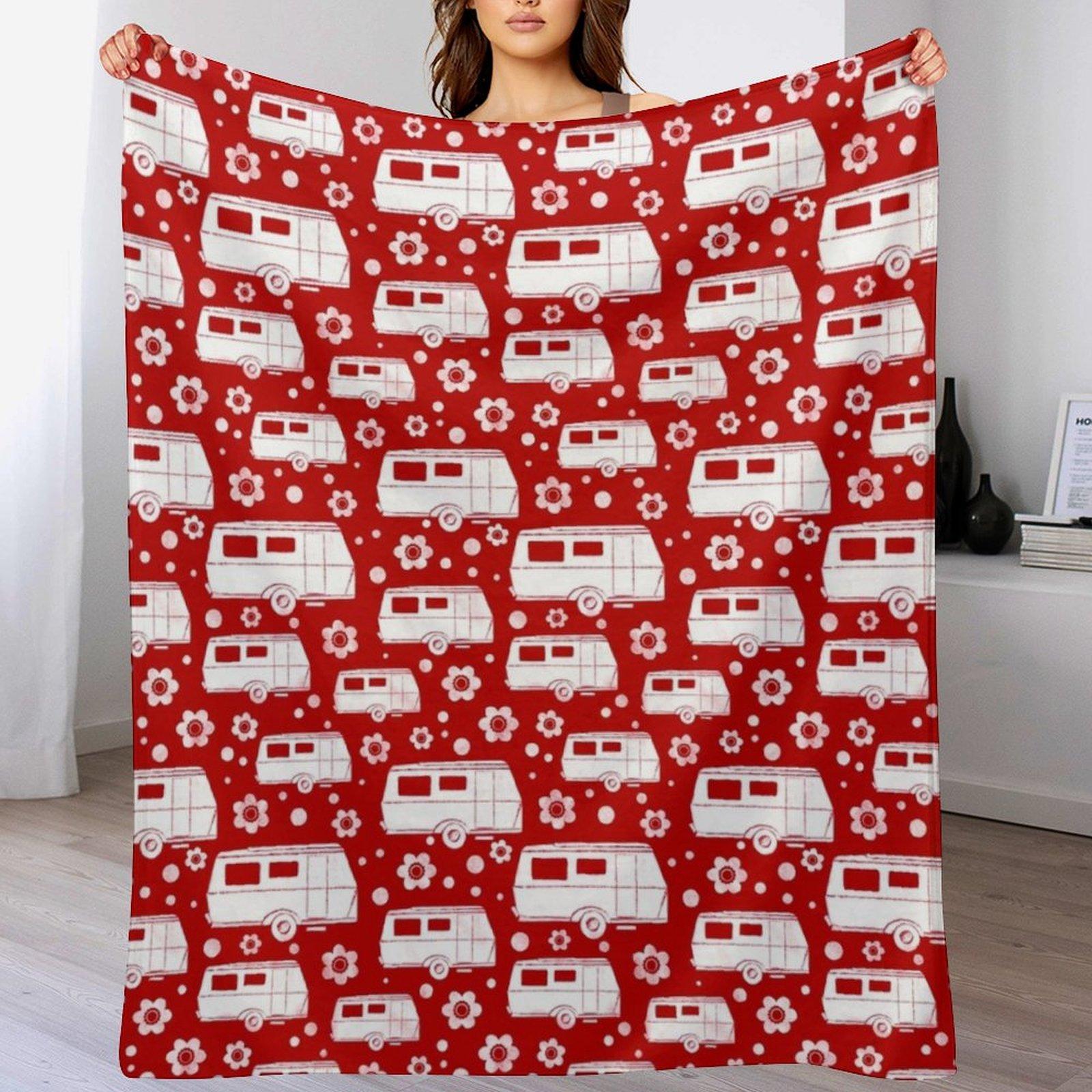 

Vintage Caravan block print in red and white Throw Blanket Soft Home Decor Blanket for Couch Bedroom 102x76cm(40x30in)