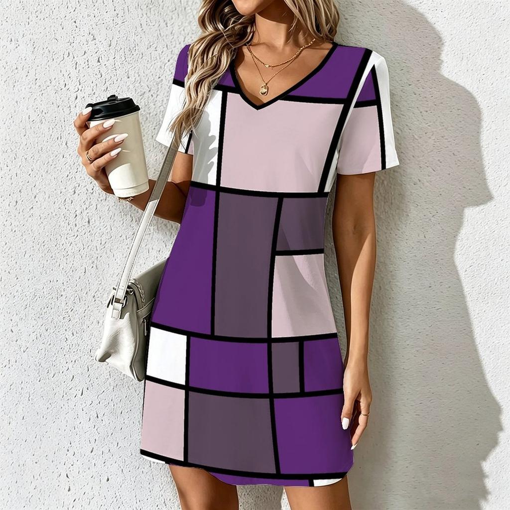 Summer Fashion Women's V Neck Short Sleevecontrast Color Printing Printed Dress Sex Short Skirt Dresses