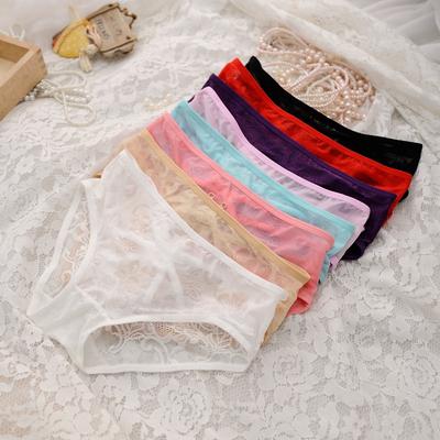 Ladies Spring and Summer Sexy Lace Bow Splicing Mesh Cross Hollow Low Waist Pure Cotton Crotch Underwear