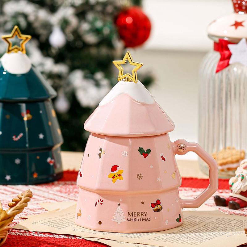 Creative Cartoon Cute Christmas Pattern Milk Coffee Cups, Ceramic Household Office Items, Porcelain Water Mugs With Lid Cup, 1Pc