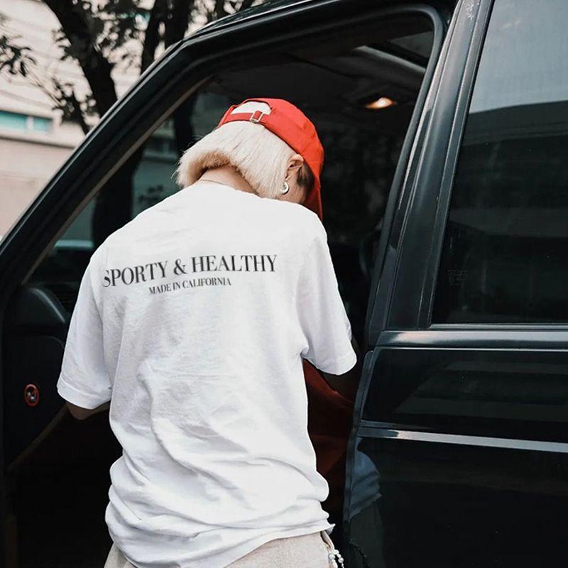 Sporty American Retro Sports Style Double-Sided Letter Print Casual Pure Cotton Shoulder Short Sleeve T-shirt for Women