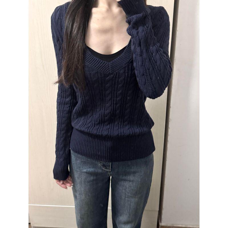

American Sexy V Neck Cable-Knit Sweater Women s Fall and Winter 2025 New Arrival Silm Waist-Tight Inner Wear Base Knitwear Tops Navy L