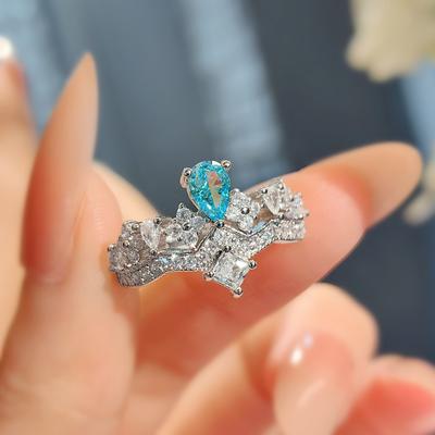 High-End Aquamarine Crown Ring Women'S Fashion Super Fairy Design Opening Light Luxury Full Of Diamonds Temperament Topa Blue