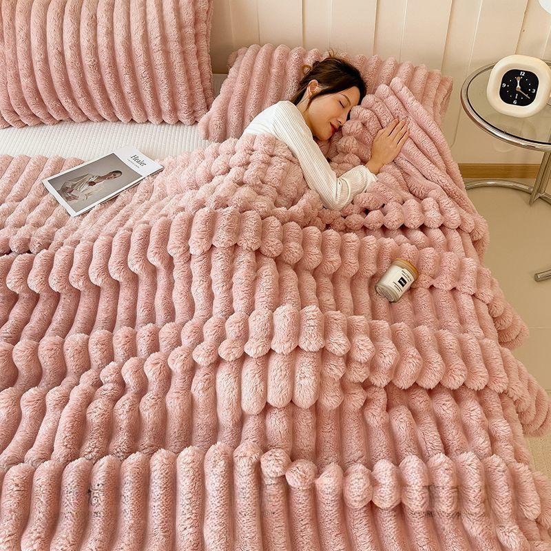 Ultra Soft Faux Rabbit Fur Throw Blanket Warm Plush Striped Blankets Conditioning Quilt Multi Functional Sofa Cover Blanket