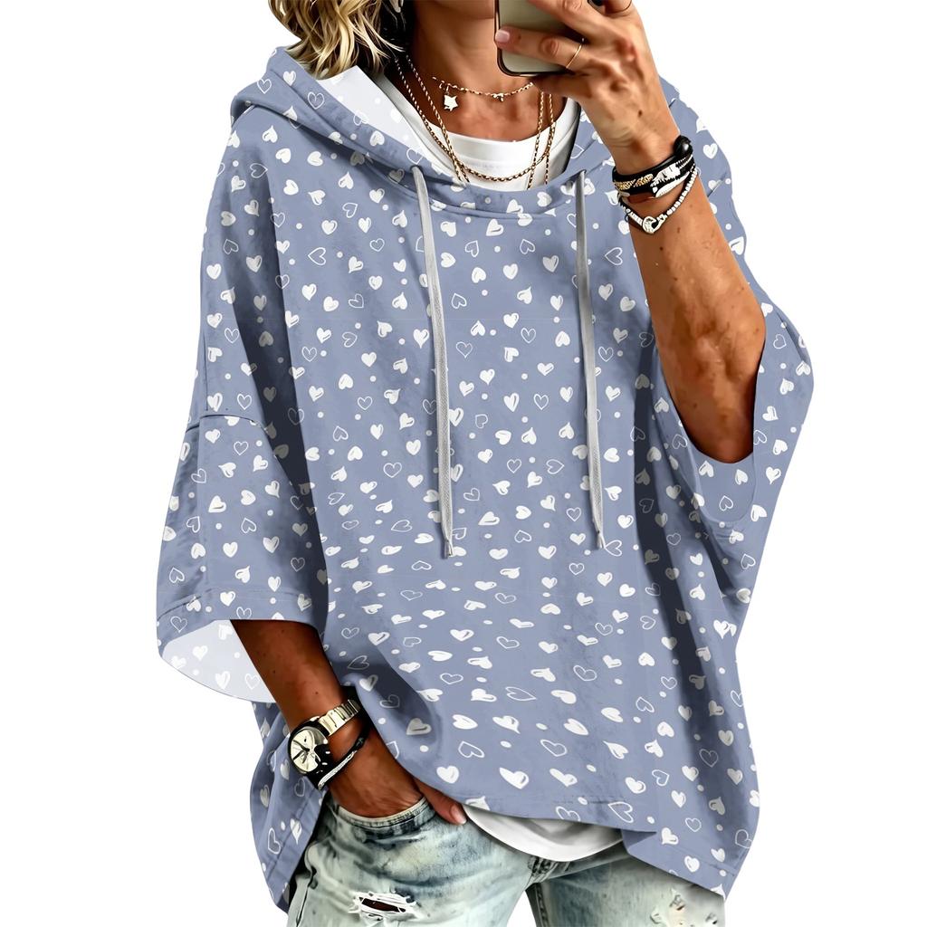 Women's Vintage Floral Print Hooded Pullover Top with Three-Quarter Sleeves for Casual Everyday Wear