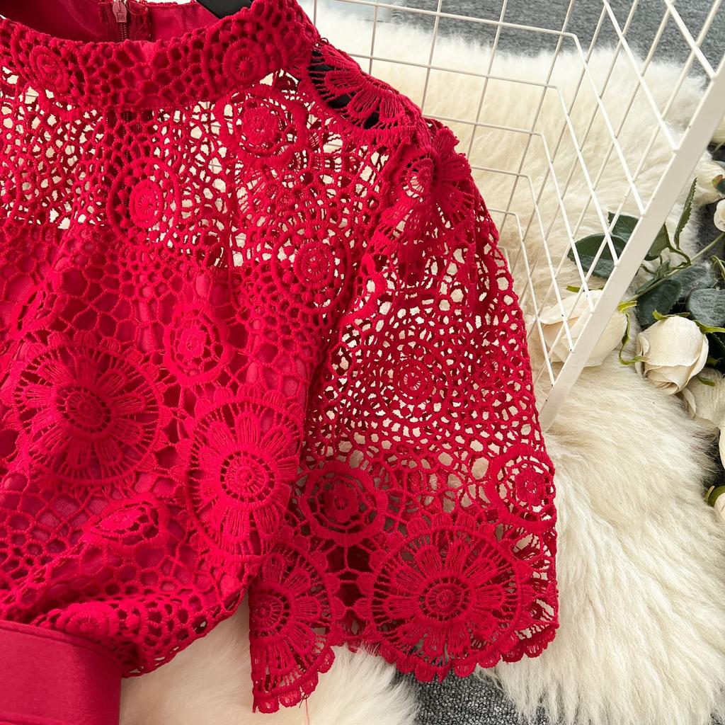 Summer Hollow Out Ruffles Lace With Belt Patchwork Dress High Waist Vestidos Sweet Style Women's Dresses Autumn Spring